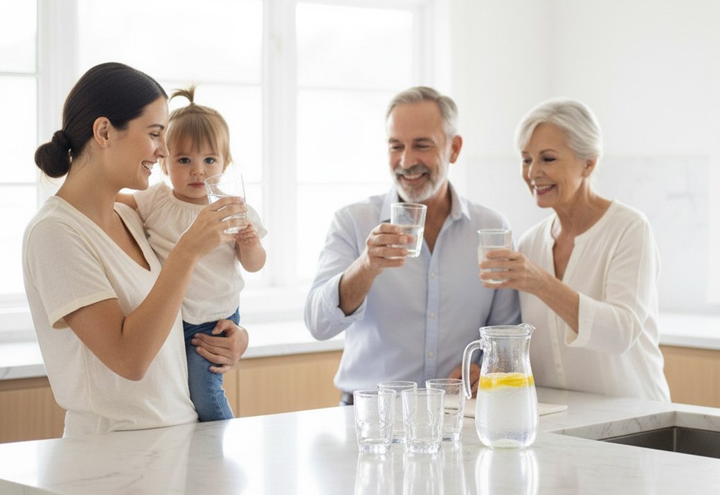 Three generations of a family drinking glasses of water together in a bright kitchen